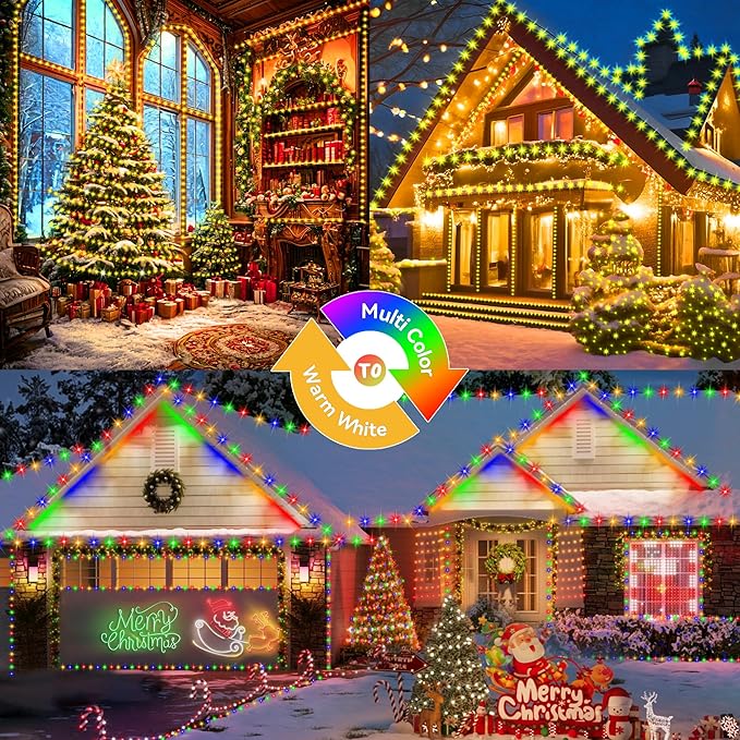 KNONEW 472FT 1200 Christmas Lights Outdoor Green Wire Color Changing String Lights with 11 Modes & Timer Dimmable Fairy Light for Xmas Tree Roof Yard Wedding Decorations(Warm White to Multicolor)