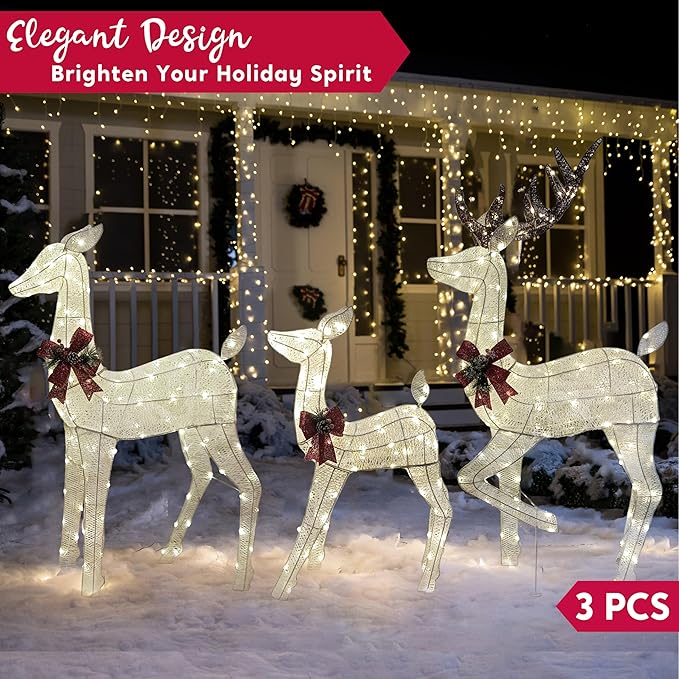 Joiedomi 3 Packs Christmas Decoration Deer Family, 360 Warm White LED Lighted Reindeers Yard Lights, Christmas Outdoor Decorations for Yard Garden Lawn, Xmas Decor, White Deer