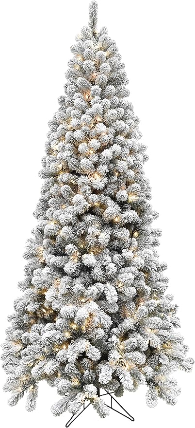 Fraser Hill Farm 7.5-Ft. Alaskan Pine Flocked Artificial Christmas Tree with Warm White LED Lights and Stand, Prelit Foldable Fake Tree with Realistic Snowy Foliage for Home Decoration