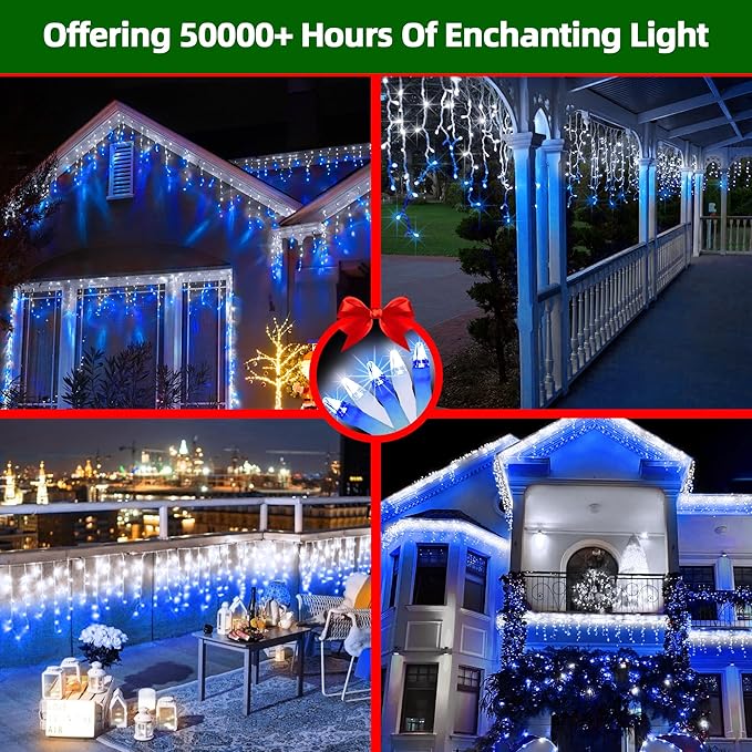 1332 LED Christmas Lights with 296 Drops,132ft 12 Modes Hanging ice String Lights with Timer & Dimmable & Waterproof, Plug-in Fairy Lights for Holiday Halloween Party Christmas Decor Blue & CoolWhite