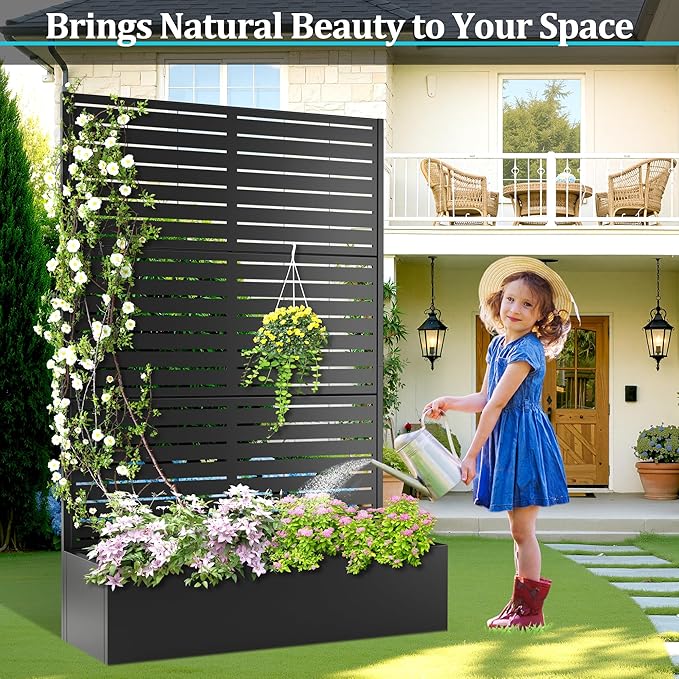 Metal Planter Box with Trellis, Planter Box with Privacy Screen, Privacy Trellis Outdoor for Climbing Plants with Drainage Holes, Raised Garden Bed for Vegetables
