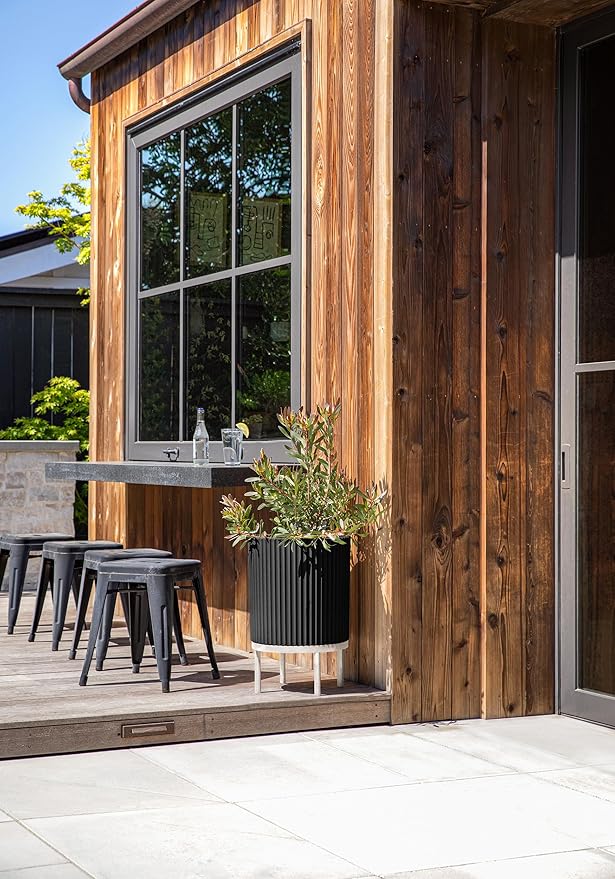 Veradek Demi Series Round Planter w/Stand for Porch/Patio | Durable Plastic-Stone Composite & Wooden Stand | Modern Décor for Tall Plants, Flowers