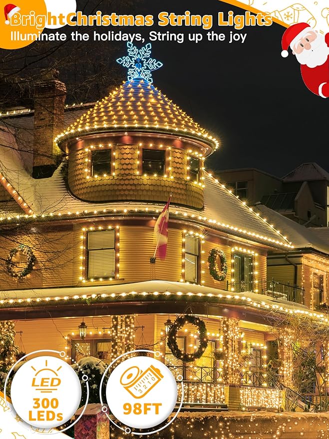 300 LED 98 FT Christmas Lights, Waterproof Outdoor String Lights with Remote and Timer, Christmas Tree Lights with 8 Modes Dimmable, Fairy Lights for Holiday Decor (Warm White)