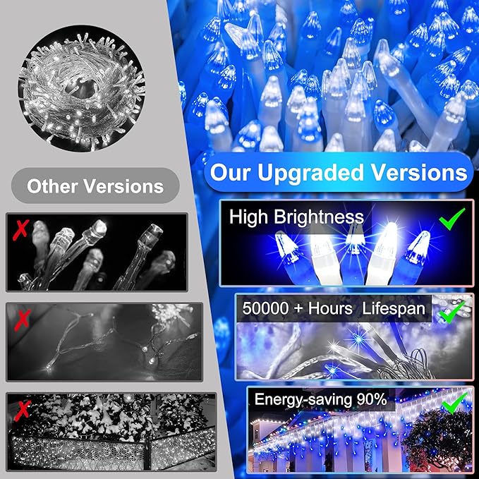1296LED Christmas Lights with 288 Drops, 131ft 8 Modes Christmas String Lights Outdoor, Waterproof Christmas Decorations Fairy Lights with Timer Memory for Party Patio Window Fence Blue & CoolWhite