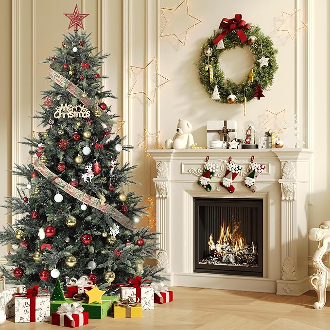7.5ft Pre-lit Artificial Christmas Tree,Spruce Prelit Christmas Trees for Home,Office,Party Thickened PE&PVC Branch Tips & UL Listed Lights Incandescent Warm White,Fire-Resistant Automatic Branches