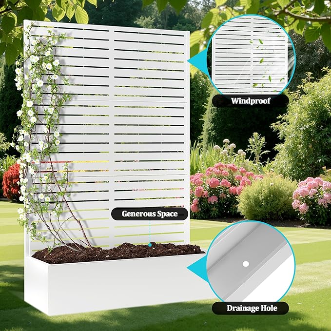 Metal Planter Box with Trellis, Planter Box with Privacy Screen, Privacy Trellis Outdoor for Climbing Plants with Drainage Holes, Raised Garden Bed for Vegetables