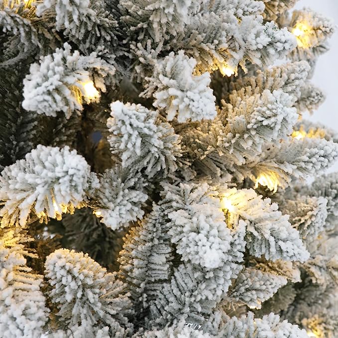 Senjie Prelit Snow Flocked Pencil Christmas Tree, Slim X-mas Tree with LED Lights,Folding Metal Stand, Perfect for Holiday Indoor Décor 7FT