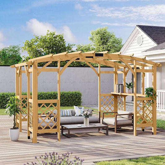 10' x 14' Wood Pergola Outdoor, Patio Pergola Solid Structure with Shelves, Painted Wood Frame with Arched Top for Garden Porch Deck,Brown