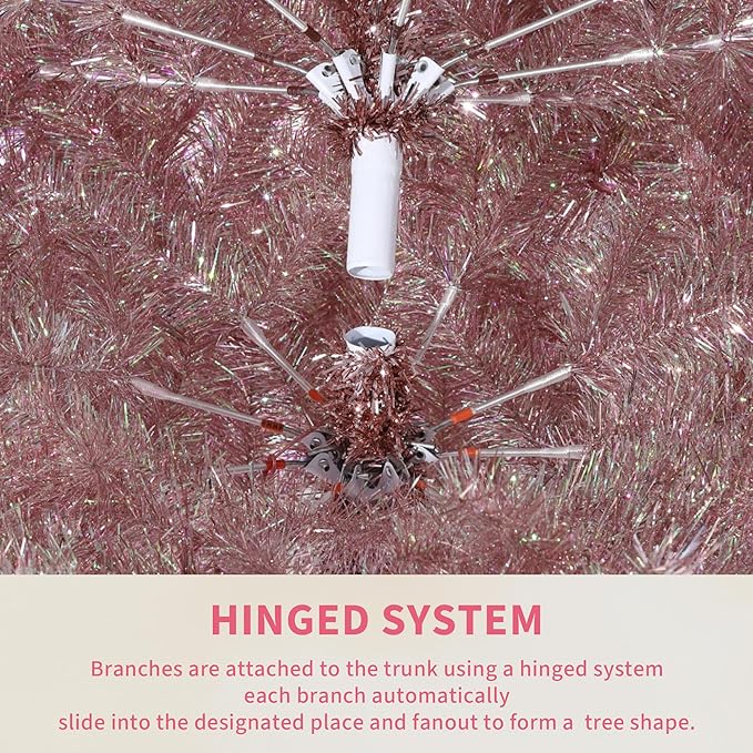 GarveeHome 4.5ft Prelit Artificial Christmas Tree with 150 Warm White Lights, Pre-Lit Snow Flocked Pencil Christmas Tree, Foldable Base,Holiday Decoration for Home, Office, Party,Rose Gold Tinsel