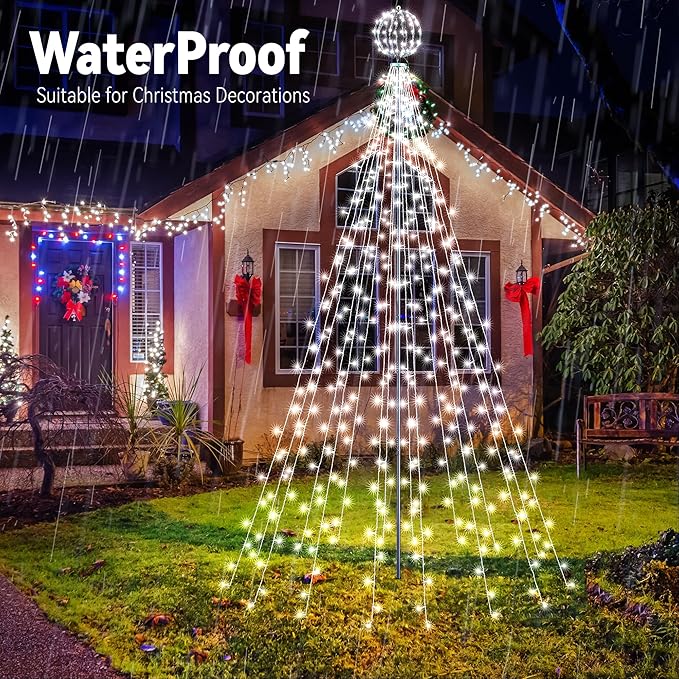 Lomotech Color Changing Christmas Tree Lights - 10Ft 444 LED with 7.8" Ball, Remote Controll Waterproof Iron Pole Waterfall Lights for Outdoor Christmas Decorations (White to Multicolor)