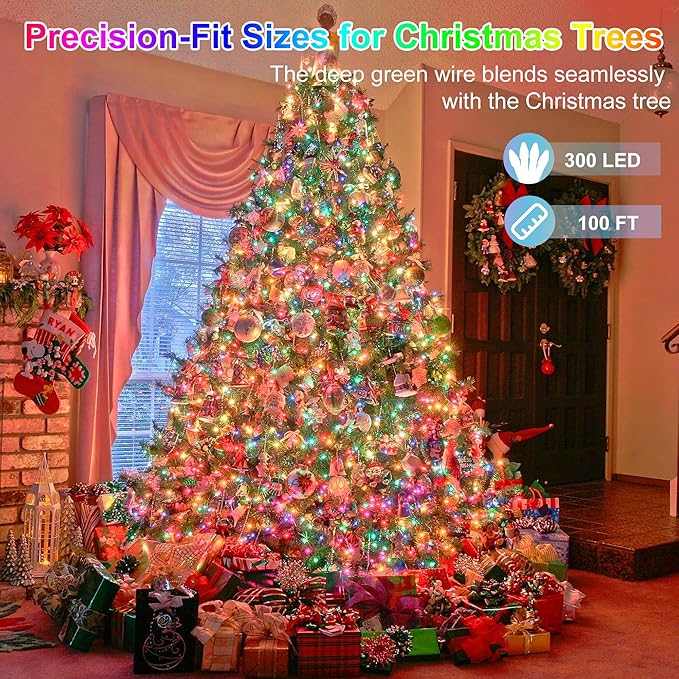 300LED Christmas Lights Indoor Outdoor Use Green Wire, 8 Lighting Modes 100FT Christmas Tree Lights with Timer & Memory, IP44 Waterproof for Tree Xmas Patio Yard Fence Balcony Garden Decor Multicolor