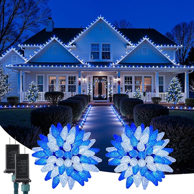 C9 Christmas Outdoor Lights, 72 FT 110 LED C9 String Lights, 8 Modes & Timer Extendable Waterproof for Christmas Tree Indoor Outdoor Roofline Patio Outside Garden Backyard Xmas Decor, Blue White