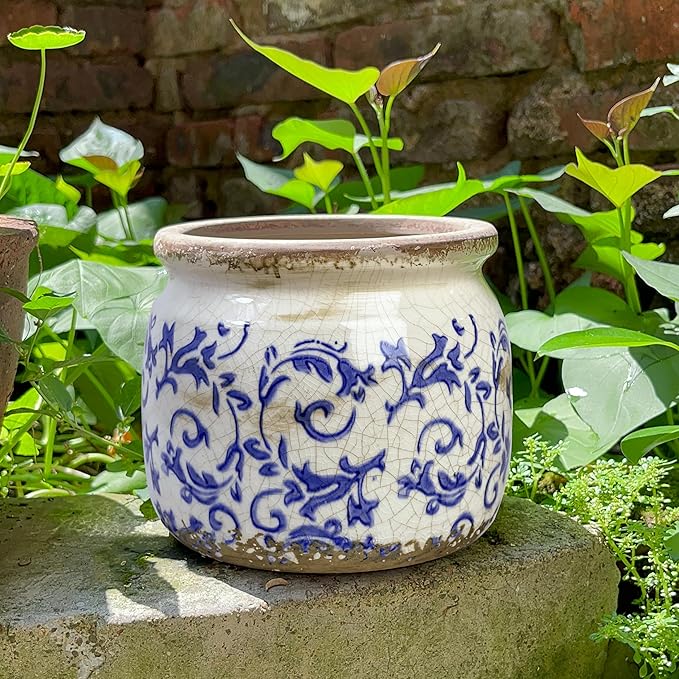 Vintage Ceramic Ice Crack Flower Pot with Drainage Holes, Country Rustic Planters for Indoor and Outdoor,Tuscan Decor,Home,Living Room, Garden Decor, Gardening Gift (Tropical)