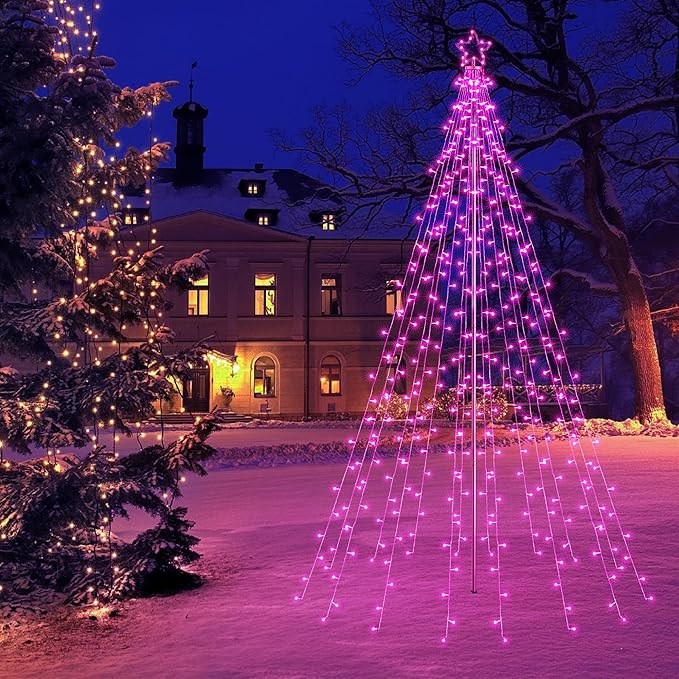 Lomotech Christmas Tree Lights - 10Ft 404 LED with 7.08" Topper, Remote Controll Waterproof Iron Pole Waterfall Lights for Outdoor Christmas Decorations (Pink)