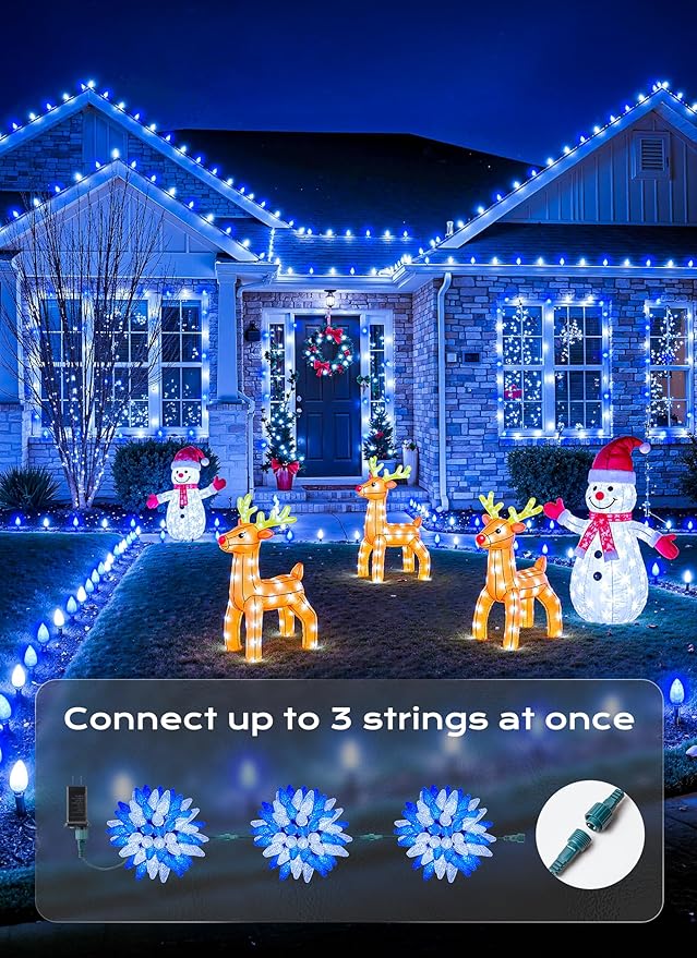 C9 Christmas Outdoor Lights, 72 FT 110 LED C9 String Lights, 8 Modes & Timer Extendable Waterproof for Christmas Tree Indoor Outdoor Roofline Patio Outside Backyard Holiday Xmas Decor, Blue White