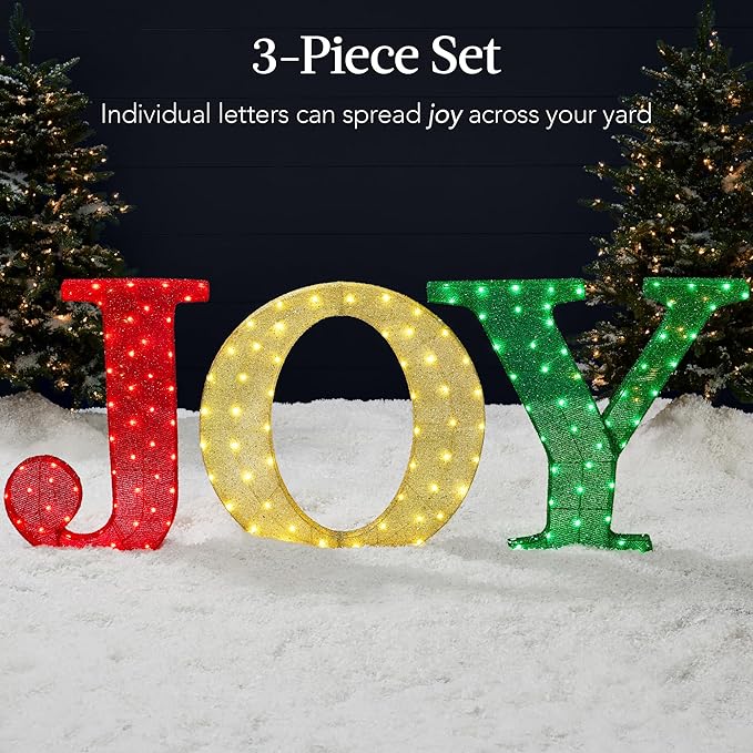 Best Choice Products 3-Piece Christmas Joy Yard Decoration, 32in 3D Lighted Outdoor Holiday Décor w/ 150 LED Lights, Ground Stakes - Red/Gold/Green
