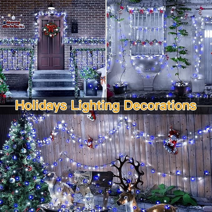 Ollny Christmas Lights, 500LED 164FT Long Christmas Tree Lights with 8 Modes Remote Timer IP44 Waterproof, Outdoor Christmas Lights for Tree House Yard Outside Xmas Decorations (Blue+White)