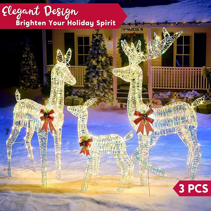 JOIEDOMI 3 Pcs Christmas Iridescent Reindeer Family Set Yard Light Decorations, 360 LED Warm White Lights with Metal Stakes for Indoor Outdoor Garden Holiday Décor, Christmas Eve Night Décor