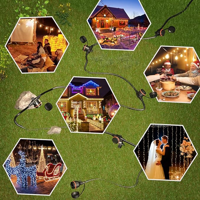 50FT Black Outdoor Extension Cord, Evenly Spaced 6 Outlets Plugs with Waterproof Cover, 16/3 SJTW Weatherproof Multiple Outlets Wire for Holiday Light and Halloween Christmas Decoration, ETL Listed