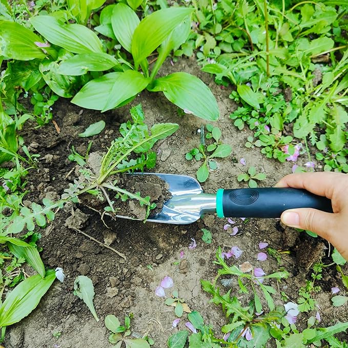 Gardening Tool Set Including Hand Trowel, Transplant Trowel, Cultivator Hand Rake, Pruning Shears and Weeder, Non-Slip Rubber Grip (4 pcs Green)