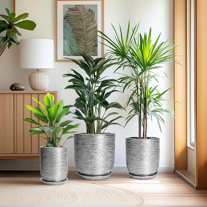 Ceramic Flower Pot for Plants - 8 Inch Plant Pot Indoor with Drainage Hole and Saucer, Cylinder Modern Outdoor Round Planter, Gardening Gifts for Women Men, Garden Office Decor, Silver