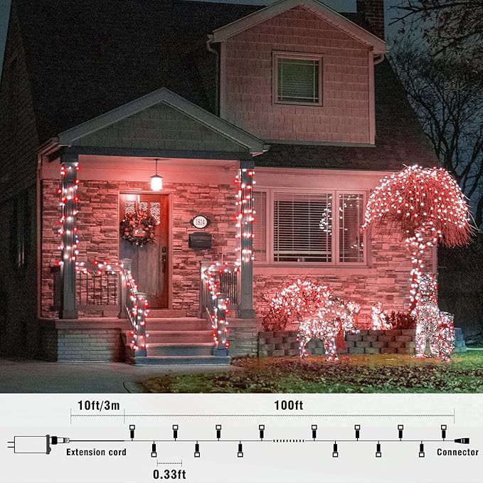 100FT 300 LED Christmas Lights Outdoor, Plug in Christmas String Lights Indoor, Waterproof & 8 Modes & Timer Function, Connectable Fairy Twinkle Light for Bedroom Patio Garden Xmas Decor, Red White