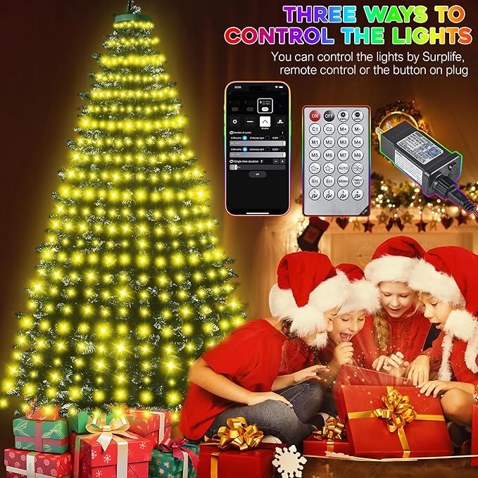 30+ Modes Ring Christmas Tree Lights Indoor Outdoor - 7.05Ft x 12 Lines 312 LED Easy App Control Color Changing Timer Remote Waterproof for 6 7 Ft Xmas Trees (Warm White to Multicolor)