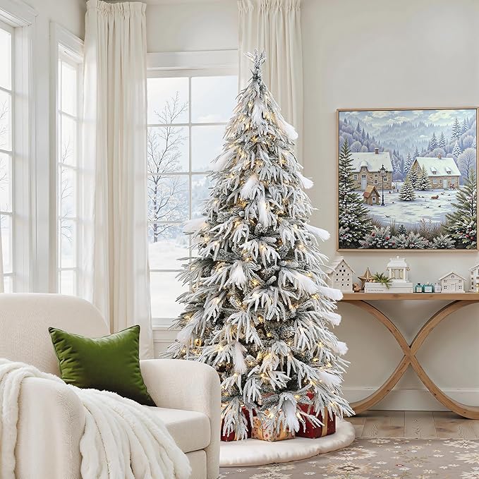 LuxenHome 6.5FT Flocked Artificial Christmas Tree, Downswept Branches Spruce Prelit Christmas Trees with 350 Warm White LED Lights and Feather Accents, 2522 PE+PVC Tips, Xmas Tree Holiday Decor