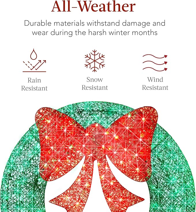 Best Choice Products 60in Pre-Lit Outdoor Christmas Wreath Decoration, LED Metal Holiday Decor for Home Exterior, Garden w/ 206 Lights, Bow - Green/Red
