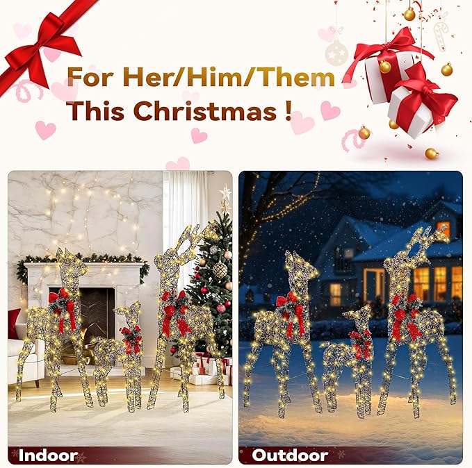 3-Piece Large Pre-Lit Christmas Deer Family Set Outdoor Yard Decorations, 55" Tall Frosted Rattan Deer Lighted Holiday Displays with 350 Warm LEDs, Stakes & Zip Ties for Front Door Garden Lawn