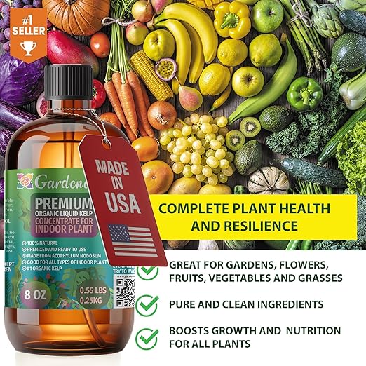 𝐁𝐄𝐒𝐓𝐒𝐄𝐋𝐋𝐄𝐑 Organic Liquid Kelp Fertilizer by GARDENERA - [8 OZ] - Organic Plant Superfood for Gardening - Concentrated Kelp & Seaweed Extract for Gardens, Lawns, Plants & Soil