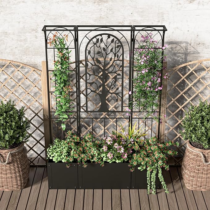 Metal Planter Box with Trellis, Raised Garden Bed with Trellis Privacy Screen, 62 inch Tall Planter Boxes for Climbing Plants, Flowers, Vegetables, Fruits, Balcony and Patio Decor (Black)