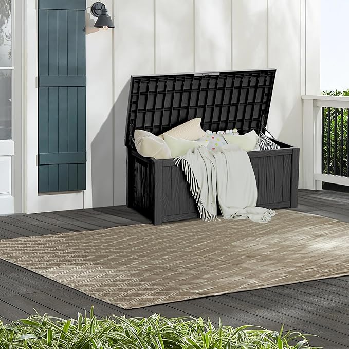 150 Gallon Waterproof Large Resin Deck Box Indoor/Outdoor Lockable Storage Container and Seating for Garden, Pool, and Patio (150 Gallon, Black)