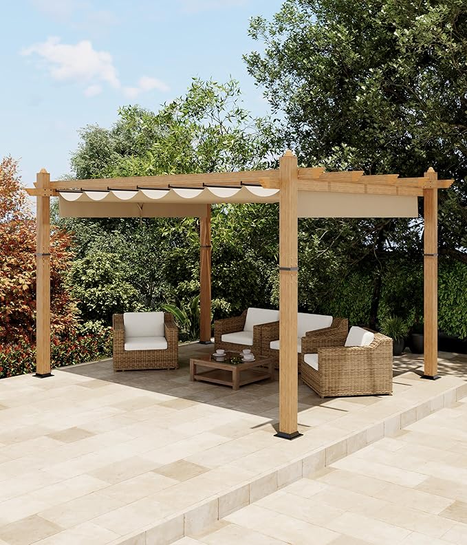 Garvee 10x13 Ft Outdoor Pergola with Retractable Canopy Upgraded Aluminum Faux Wood Grain Patio Pergola for Modern Backyard Deck Porch Grape Trellis(Khaki)