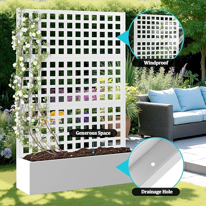 Metal Planter Box with Trellis, Planter Box with Privacy Screen, Privacy Trellis Outdoor for Climbing Plants with Drainage Holes, Raised Garden Bed for Vegetables