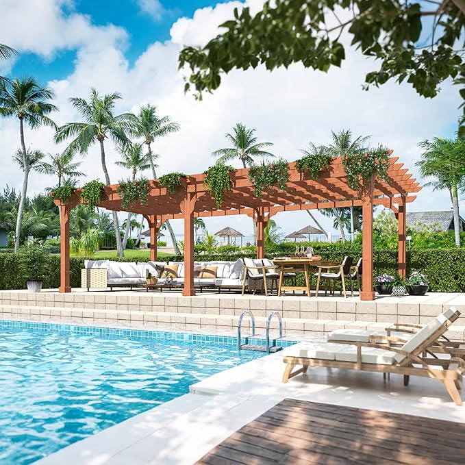 BlueWish 12’x24’ Outdoor Pergola, Patio Pergola with Slatted Roof Trellis, Cedar Wood Pergolas Backyard Gazebo with Solid Structure for Deck Yard Grill Party Garden