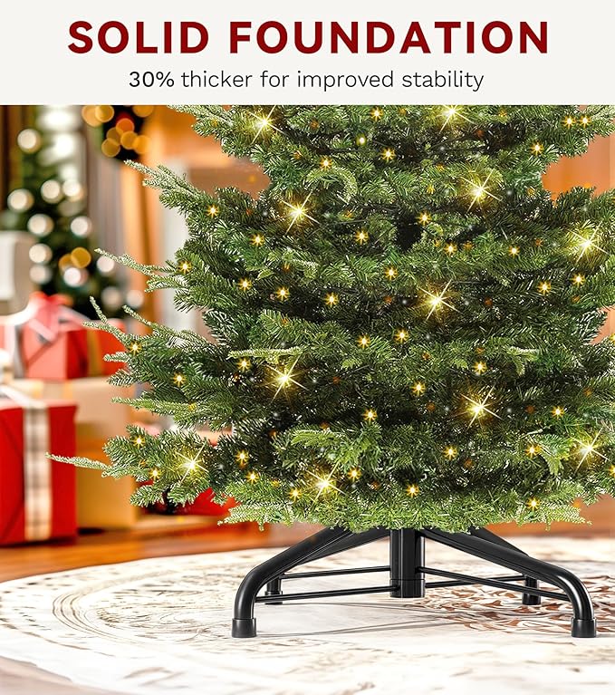 DWVO 7.5ft Aspen Fir Artificial Christmas Tree, Layered Christmas Tree with Crystal Embellishments, 1319 Mixed PE & PVC Branch Tips, 700 Lights, in a Vibrant Green