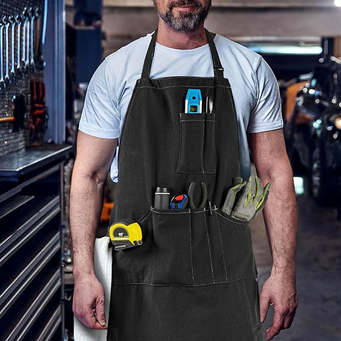 opux Chef Apron for Men, Kitchen Apron with Pockets for Women, Large Unisex Canvas Apron for Cooking Grilling BBQ Baking.