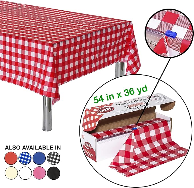 Neatiffy Disposable Plastic Table Cloth Roll | 54 in x 108 Ft Waterproof Tablecloth | Table Cover for Rectangle, Square, Round Oval Tables | Picnic, Party, Banquet, Birthdays, Weddings, Red Checkered