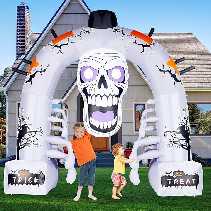 12 FT Halloween Inflatables, Scary Skeleton Archway Halloween Inflatable Outdoor Decoration, Build-in LEDs Spooky Blow Up Yard Halloween Arch for Decor Outside Holiday Party Garden Lawn