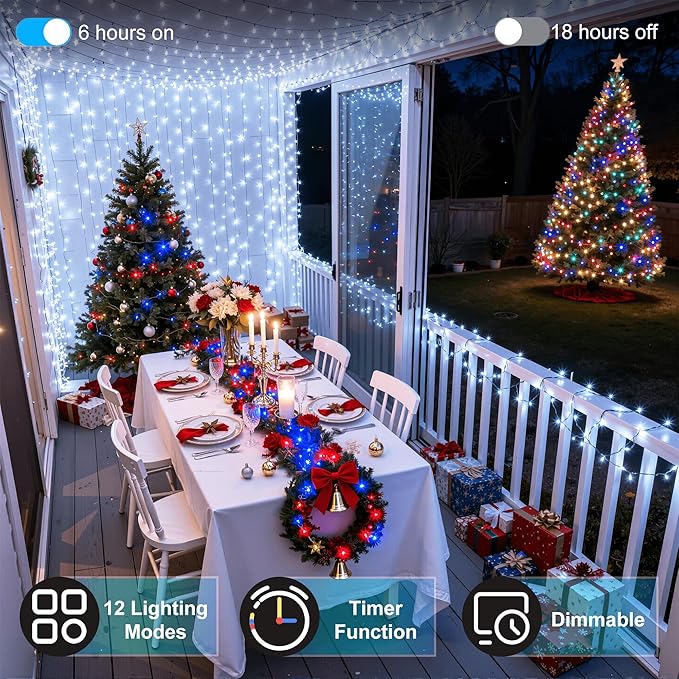 1500LED Christmas Lights Outdoor Use, 470ft 12 Modes Cool White LED String Lights with Timer Dimmable, Waterproof Christmas Tree Lights for Halloween Xmas Patio Fence Balcony Garden Decor Cool White
