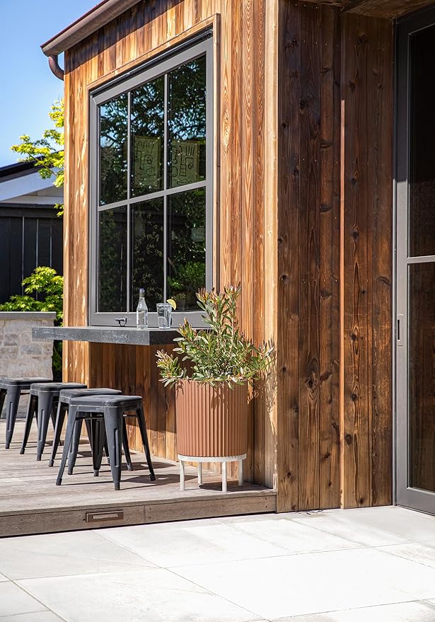 Veradek Demi Series Round Planter w/Stand for Porch/Patio | Durable Plastic-Stone Composite & Wooden Stand | Modern Décor for Tall Plants, Flowers