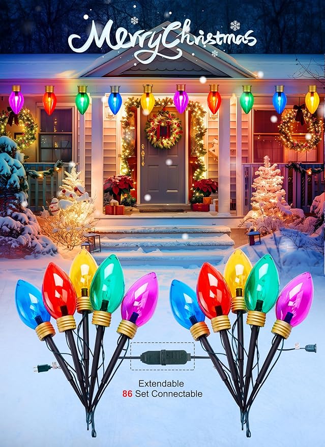 Minetom 2 Pack Super Jumbo Christmas String Lights or Pathway Marker Lights, Outdoor Xmas Decorations, 11Ft 5 LED Jumbo C9 Hanging Light Waterproof Lawn Dec for Holiday Home Tree Roof Yard, Multicolor
