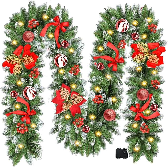 Christmas Garland with Lights, 9FT 30 LED Prelit Christmas Garland for Mantle,Outdoor Indoor Christmas Decorations Garland Battery Operated with Timer, Bows,Flowers,for Stairs,Railing,Fireplace,Door