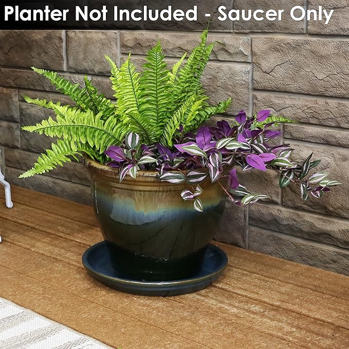 Sunnydaze 12-Inch Ceramic Plant Saucers - Plant Drip Trays for Outdoor Planter Flower Pot Drainage - Set of 2 - Forest Lake Green