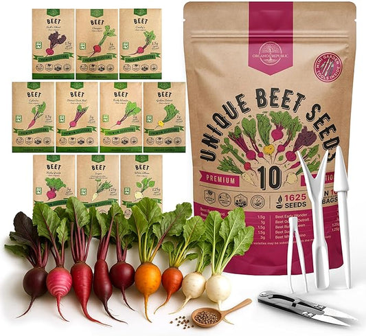 Organo Republic 10 Rare Beet Seeds Variety Pack for Planting Indoor & Outdoors 1625+ Heirloom Non-GMO Bulk Beets Gardening Seeds: Chioggia, Detroit Dark Red, Sugar, Cylindra, Bulls Blood, White Albino
