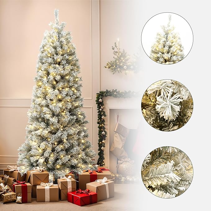 LuxenHome 7FT Flocked Christmas Tree, Slim Spruce Artificial Prelit Christmas Trees with Lights, Snow Flocked Xmas Tree with 365 LED Lights, Artificial Lighted Christmas Tree with Metal Stand