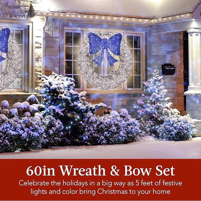 Best Choice Products 60in Pre-Lit Outdoor Christmas Wreath Decoration, LED Metal Holiday Decor for Home Exterior, Garden w/ 206 Lights, Bow - Hanukkah Silver/Blue