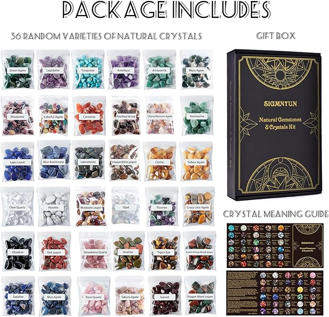 Polished Healing Crystal Chips & Stones Set – 36 Different Natural Gemstone Types, 2.5 lbs of 0.3" Tumbled Decorative Rocks for Chakra, Meditation, Reiki, Energy Work, Crafts, Gifts