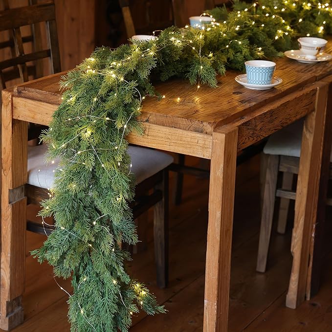 MISSPIN 6ft Christmas Garland with Lights, Real Touch Winter Cedar Pine Garland, Green Artificial Greenery Garland for Table, Mantle, Wall, Indoor, Outdoor Christmas Decorations